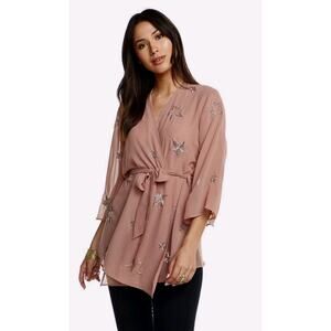 Chaser Pink Sheer Beaded Stars Bell Sleeve Kimono Wrap Women's XS